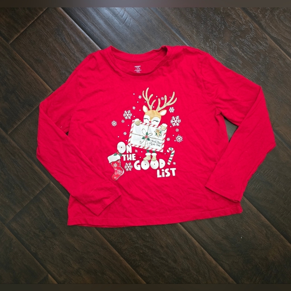 Christmas Girls Red Long Sleeve Holiday Time Reindeer Shirt Large